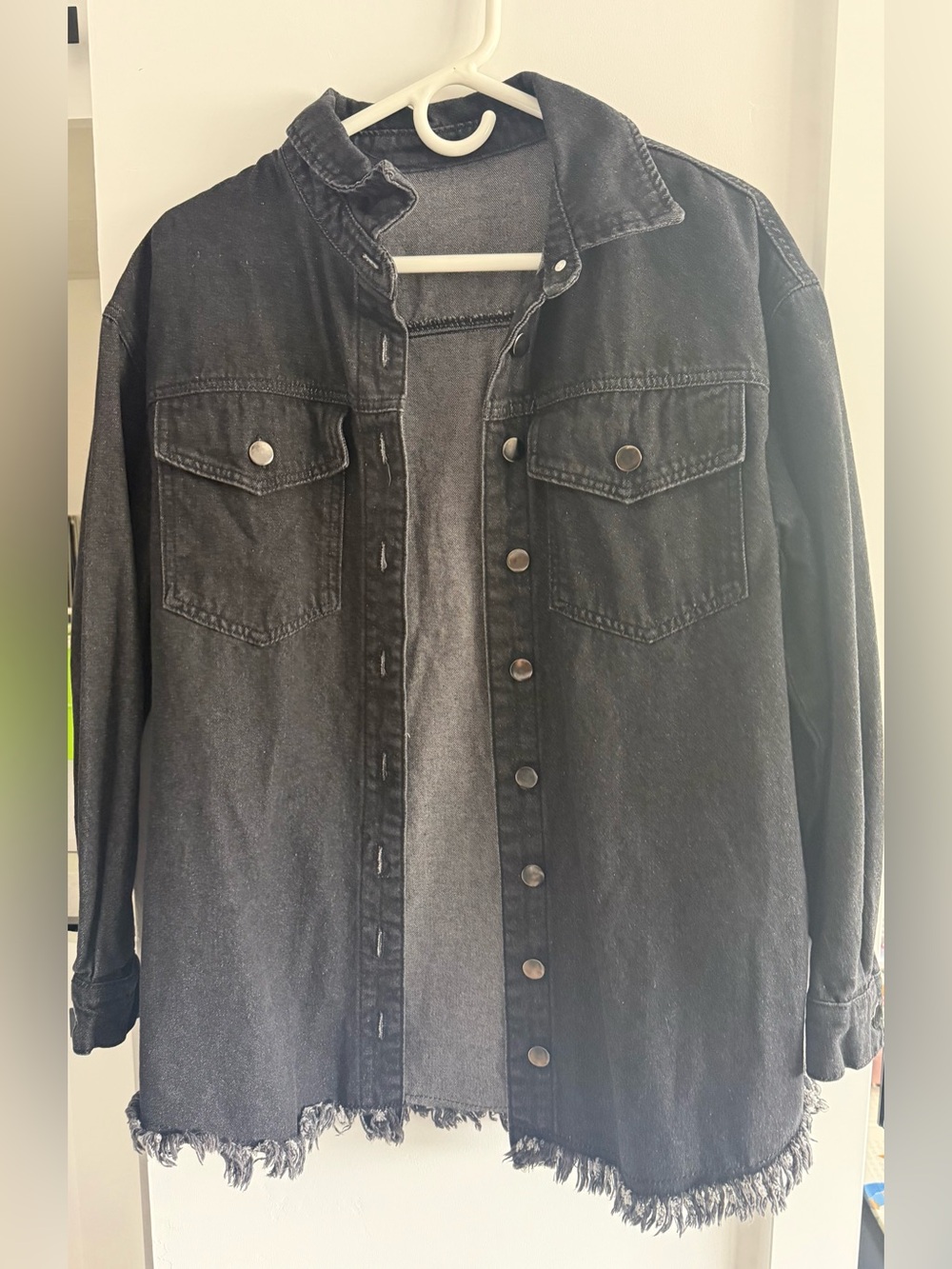 Black Distressed Denim Jacket - Oversized Button-Up